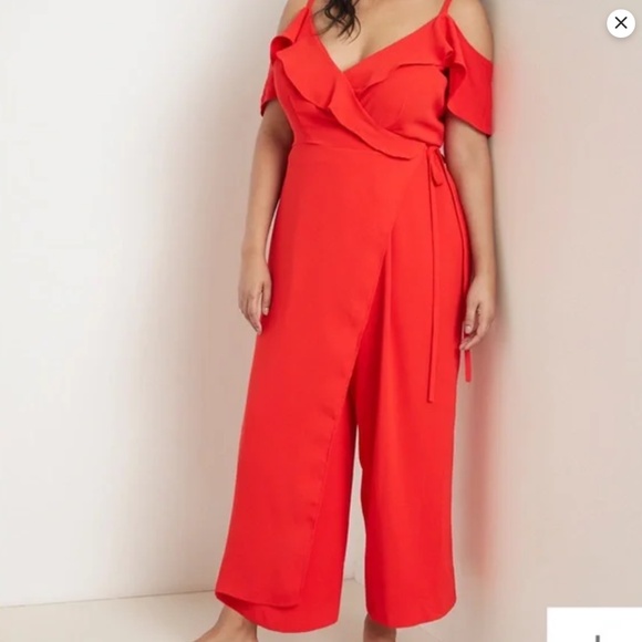 Eloquii Pants - Eloquii Red Ruffle Cold Shoulder Wrap Jumpsuit 22